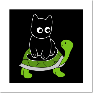 Black Cat Riding on Green Turtle Posters and Art